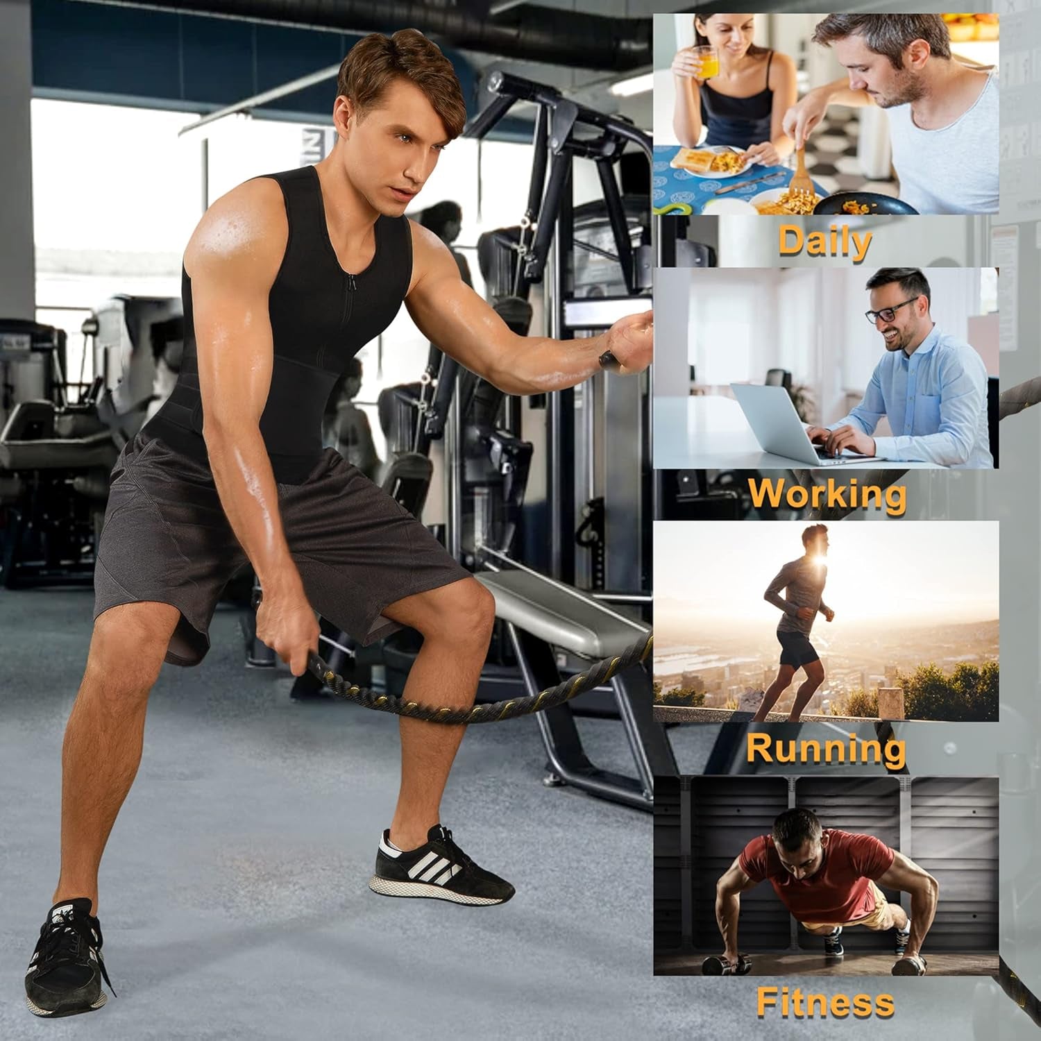 Sauna Suit for Men Waist Trainer Vest Zipper Body Shaper Zipper Tank Top (Black, L)
