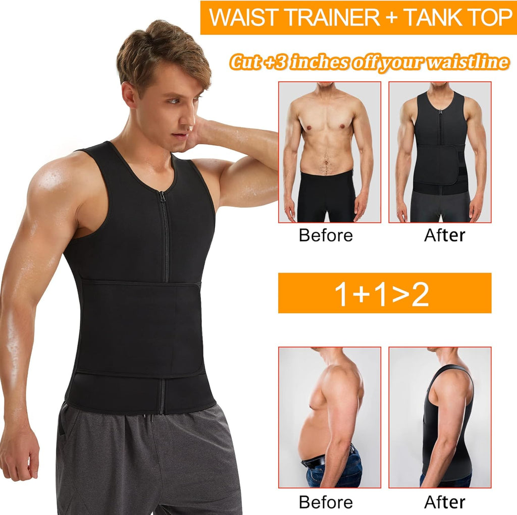 Sauna Suit for Men Waist Trainer Vest Zipper Body Shaper Zipper Tank Top (Black, L)