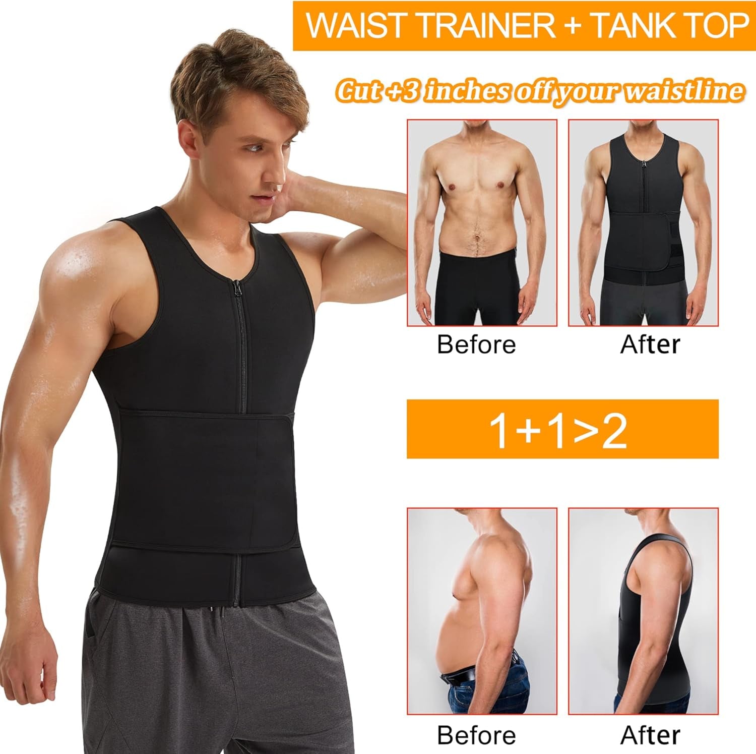 Sauna Suit for Men Waist Trainer Vest Zipper Body Shaper Zipper Tank Top (Black, L)
