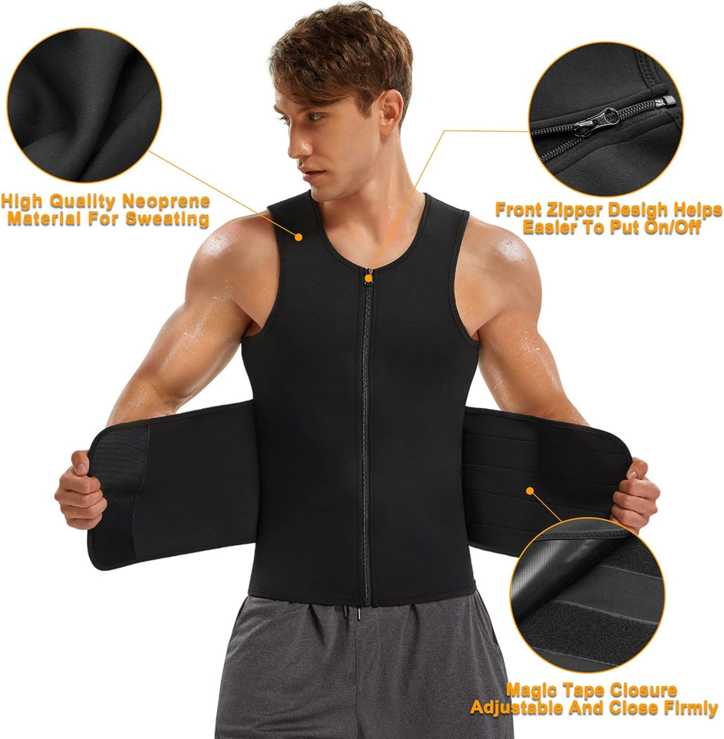 Sauna Suit for Men Waist Trainer Vest Zipper Body Shaper Zipper Tank Top (Black, L)