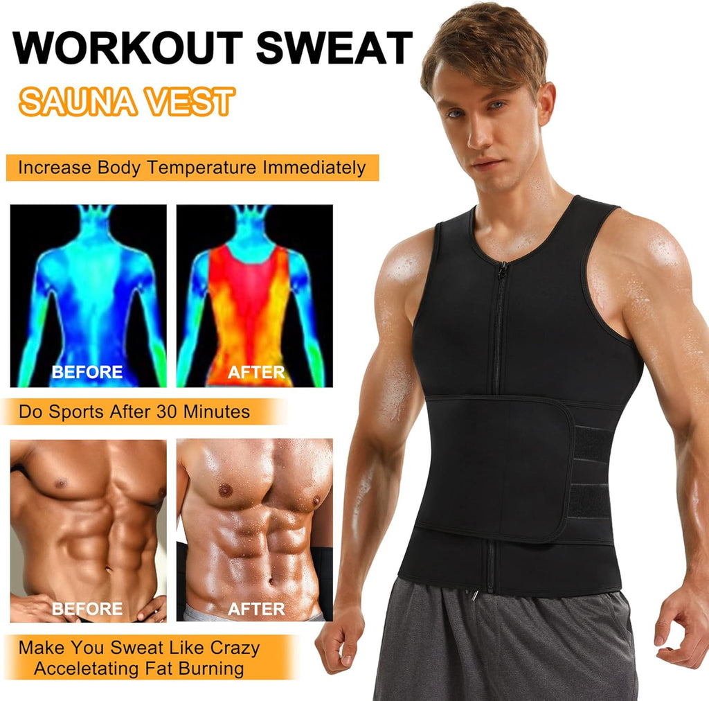 Sauna Suit for Men Waist Trainer Vest Zipper Body Shaper Zipper Tank Top (Black, L)